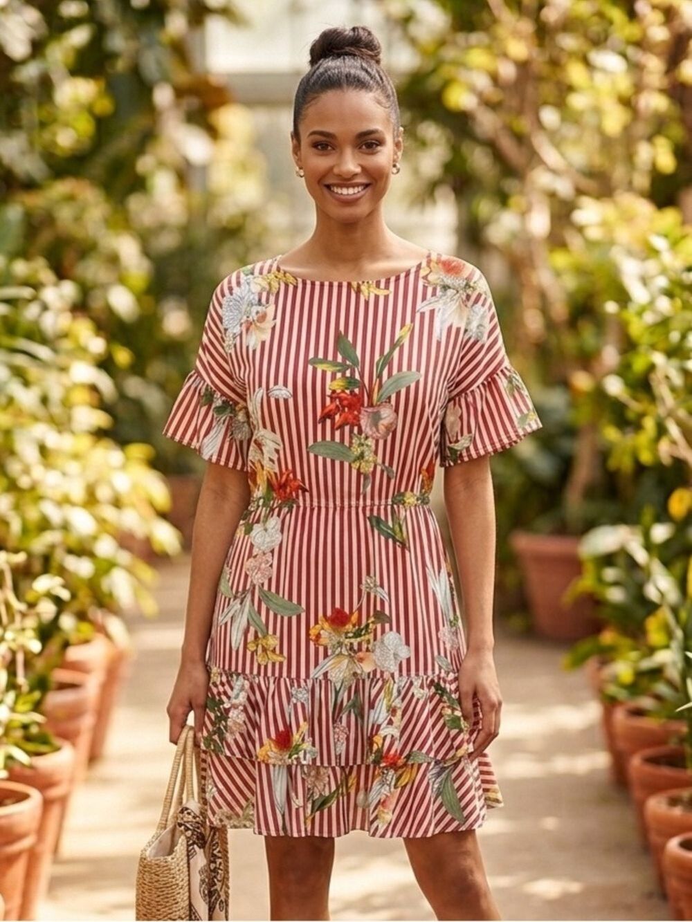 Julia Jordan Striped Floral Layered Dress Sz 16 Botanical Bell Sleeve Preppy